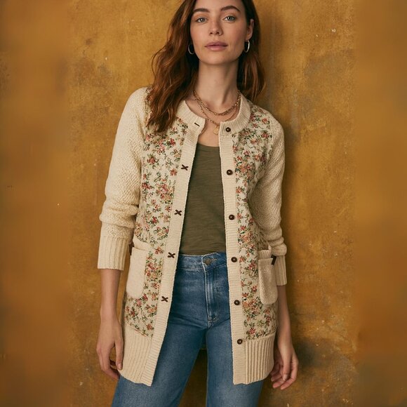 Anthropologie Sweaters - Anthropologie HWR Monogram Cotton Blend Floral Knit Cardigan